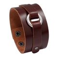 Vintage punk stijl donkerbruine lederen armband met gepolijste zilveren metalen ring - Bruin
