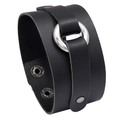 Vintage punk zwart leren armband met grote zilveren metalen ring voor heren en dames - Zwart