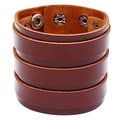 Retro braunes breites Lederarmband mit Dreifachband-Design und silbernen Metalldruckknöpfen - Braun