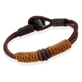 Handmade woven dark brown leather bracelet with tan string accents and round button clasp - Brown And Light Brown