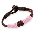 Braided dark brown leather bracelet with pink spiral thread accents and metal clasp - Brown And Pink
