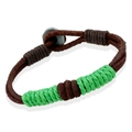 Retro braided dark brown leather bracelet with bright green thread and stone button - Brown And Grass Green
