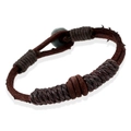 Retro dark brown braided leather bracelet with vintage bead toggle closure - Brown