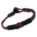 Handmade braided genuine leather bracelet in dark brown with black cord details - Brown and Black