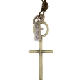 Collana vintage in bronzo con croce e ciondoli incisi su cordino in vera pelle - Bronzo