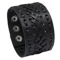 Bracciale largo in pelle nera intrecciata vintage con bottoni a pressione - Nero