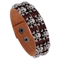 Bracciale in pelle a doppia fila con teschi stile punk rock retrò per uomo e borchie - Marrone