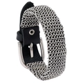 Bracelet punk en cuir noir avec maille métallique argentée et boucle ajustable - Noir