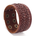 Bracciale largo retrò in pelle marrone intrecciata per uomo con fibbia in ottone vintage - Marrone