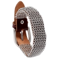 Bracelet chaîne en maille argentée de style punk avec lanière en cuir marron unisexe - Marron