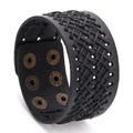 Bracciale largo in pelle nera intrecciata retrò con bottoni a pressione regolabili - Nero