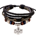 Multilayer braided leather bracelet with vintage beads and silver snowflake pendant - Black
