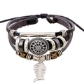 Pulsera multicapa vintage de cuero negro con colgante de espina de pescado y cuentas - Negro