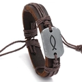 Vintage braunes Lederarmband geflochten mit verstellbarem Band und Ichthys-Fisch-Anhänger - Braun