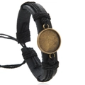 Handmade ethnic black braided PU leather bracelet with retro bronze cabochon base - Black
