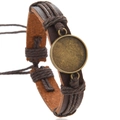 Handwoven ethnic dark brown PU leather bracelet with retro bronze DIY gem base - Brown