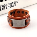 Retro wide brown leather punk bracelet with vintage metal plate and adjustable studs - Retro Brown