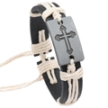 Bracciale in pelle nera artigianale con croce in metallo vintage e cordino in cotone - Stile Croce Nera (B01201)