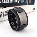 Wide black leather bracelet with retro brushed metal plate and industrial punk rivets - Black