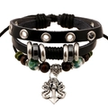 Punk multi-layer leather bracelet with metal skull charm and vintage beaded chains - Three-layer Skull Bracelet / Black