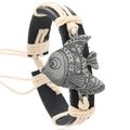 Pulsera de cuero PU tejida con dije de pez plateado retro y cuerda de cáñamo de capas - Negro