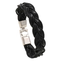 Minimalistisches schwarzes geflochtenes Lederarmband mit silbernem Metallverschluss auf Weiß - Schwarz
