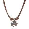 Vintage shamrock pendant necklace with brown leather cord and antique silver finish - Brown