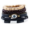 Handmade layered leather bracelet set with blue evil eye charm and wooden beads - Retro Bohemian 4-Piece Set (TZ062)
