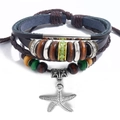 Mehrlagiges Lederarmband mit Vintage-Holzperlen und silbernem Seestern-Anhänger - Seestern Anhänger Mehrlagig Stil