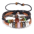 Multilayer bohemian handmade leather bracelet set with wooden beads and mixed stone accents - Vintage Multi-Layer Woven Style (B01494)