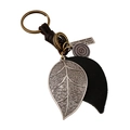 Vintage leather keychain with silver metal leaf pendant and dark brown braided cord - Retro Leaf Ornament (K50)