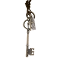 Retro bronze key and cross pendant necklace with brown leather cord and engraved tag - Antique Bronze