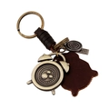 Llavero vintage de cuero con colgante de reloj de bronce y correa de piel tejida - Estilo Reloj de Alarma