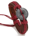 Ethnic handmade brown leather bracelet with red wax rope and tribal metal disc - Dark Red