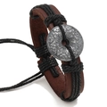 Retro handmade brown leather bracelet with woven rope and round alloy totem charm - Black