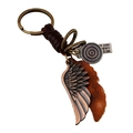 Portachiavi punk in pelle con ali in lega di bronzo e ciondoli in metallo incisi - Stile Ala Retro (K51)