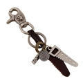 Vintage punk leather keychain with alloy saw blade and skull hook on white background - Saw Pendant Style