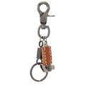 Punk leather keychain with handmade stitching and silver-tone skull hammer pendant - Brown