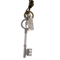 Retro leather necklace with vintage silver key and bronze cross charms in punk style - Antique Silver