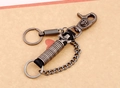 Retro silver punk leather keychain with skull charm and metal chain link detail - Black