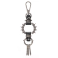 Punk style keychain with black leather, silver metal spikes and three small hanging hooks - Black