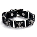 Bracciale punk in pelle da uomo con ciondoli a teschio e connettori in metallo - Nero (Metallo Argento)