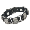 Pulsera punk de cuero con calaveras de plata antigua y hebilla ajustable para hombre - Negro