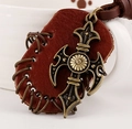 Retro brown leather necklace featuring a bronze metal cross pendant with woven alloy edges - Brown