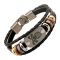Pulsera punk multicapa de cuero trenzado con calavera plateada y cuentas magnéticas - Estilo Cordón de Cuero Negro Calavera