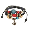 Bohemian multi-layer leather bracelet with colorful wood beads and lucky clover charm - Black