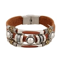Men's retro multilayer brown leather bracelet with alloy beads and silver metal clasp - Brown