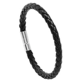Minimalist black braided PU leather bracelet with silver magnetic cylindrical clasp - Black
