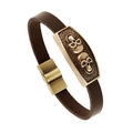 Pulsera punk de cuero marrón con calaveras de bronce vintage y cierre magnético - Estilo de Cierre Magnético Calavera (GT014)