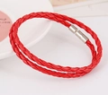 Red braided leather double wrap bracelet with silver magnetic metal clasp closure - Red